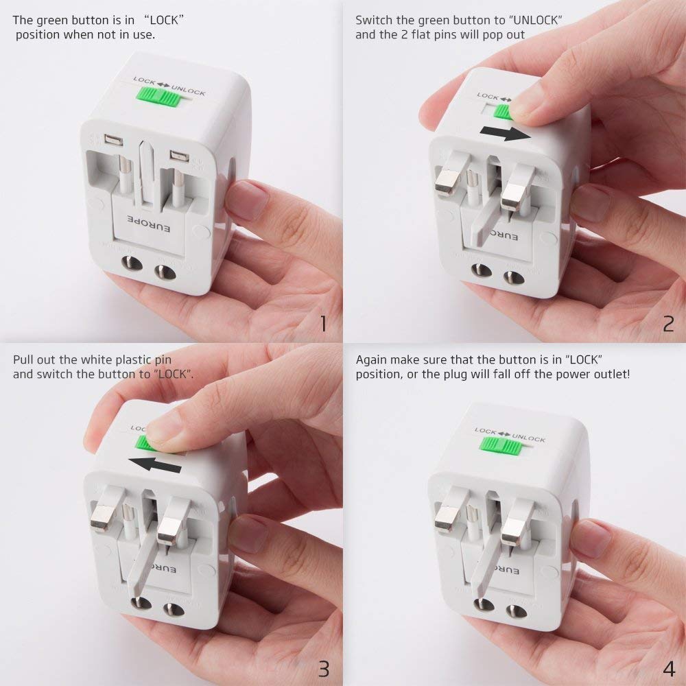 EZ LIVING Universal Travel Plug Adapter Worldwide International All in One Portable Travel Adapter Wall AC Power Plug Adapter Wall Charger with Dual USB Charging Ports for USA EU UK AUS Cell Phone Mobile Laptop